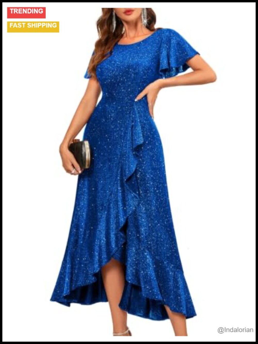 Sequin High Low Formal Wedding Guest Maxi Dress Flutter Sleeve
